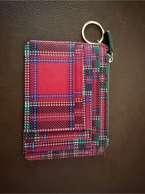 Coated Canvas Red Plaid Card Wallet with Key Ring